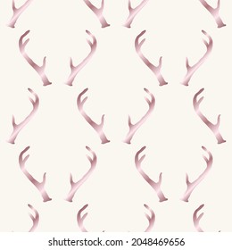 Seamless pattern with rose golden deer antlers. Nature vector background. Wildlife animal backdrop in pink gold over white.