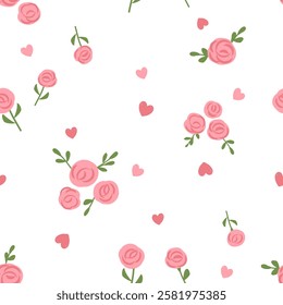 Seamless pattern with rose, green branch and small hearts on white background vector. 