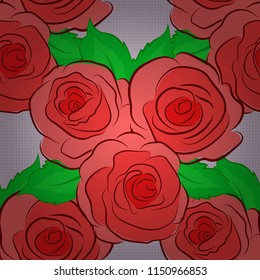 Seamless pattern with rose and green leaves. Exquisite pattern with rose flowers and leaves in vintage style. Trendy print in pink, red and orange colors. Beautiful pattern for decoration or design.