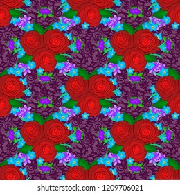 Seamless pattern with rose and green leaves. Trendy print in red, green and purple colors. Beautiful pattern for decoration or design. Exquisite pattern with rose flowers and leaves in vintage style.