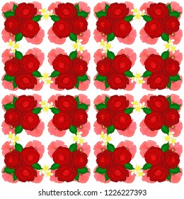 Seamless pattern with rose and green leaves. Beautiful pattern for decoration or design. Exquisite pattern with rose flowers and leaves in vintage style. Trendy print in red, white and pink colors.