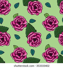 seamless pattern of rose and green leaves