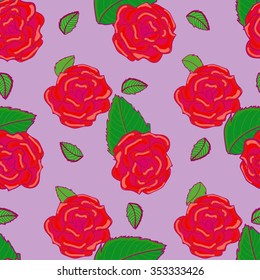 Seamless pattern of rose and green leaves on a purple background