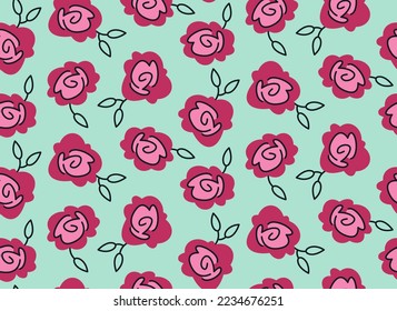 Seamless pattern with rose heads. Beautiful nature texture in doodle style.