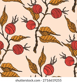 Patrón sin fisuras con rosa mosqueta, arándano. Arándanos frescos y sabrosos frescos naturales. Ilustración vectorial para el fondo, empaquetado, materia textil, tela y varios otros diseños. Concepto de comida.