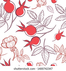 Seamless pattern of rose hip leaves, flowers and berries on light 

background.  Hand-drawn vector.
