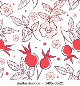 Seamless pattern of rose hip leaves, flowers and berries on light background.  Hand-drawn vector.