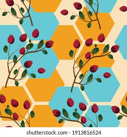 Seamless pattern with rose hip and pentagon shapes on the background. For textile, paper, packaging, wrapping paper, wallpaper. Vector pattern.
