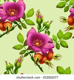 seamless pattern of rose hips on a bright light green background