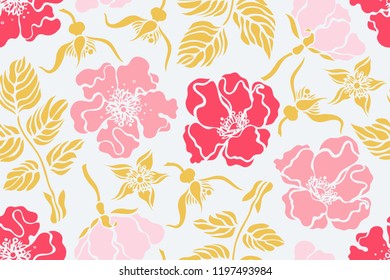 Seamless pattern with rose hips, wild roses. Botanical background. Vector illustration.