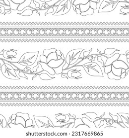 Seamless Pattern with Rose Inspired by Ukrainian Traditional Embroidery. Ethnic Floral Motif, Handmade Craft Art. Horizontal Oriented Stripes. Coloring Book Page. Vector Contour Illustration