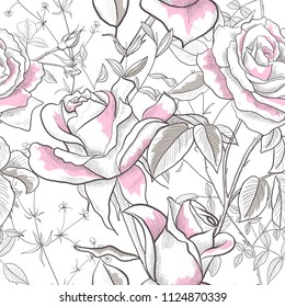 Seamless pattern with Rose, leaves and buds on a white background. Modern abstract design for paper, wallpaper, cover, fabric and other users. Vector illustration.