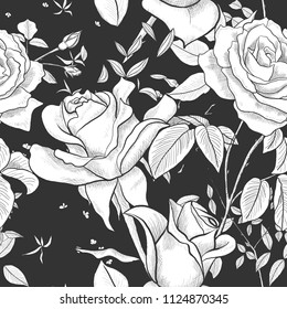 Seamless pattern with Rose, leaves and buds on a black background. Modern abstract design for paper, wallpaper, cover, fabric and other users. Vector illustration.