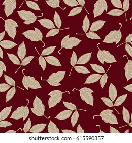 Seamless pattern with rose leaves on red background. Hand drawn vector illustration.
