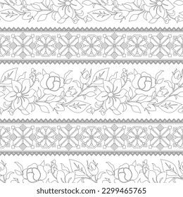 Seamless Pattern with Rose and Mallow Inspired by Ukrainian Traditional Embroidery. Ethnic Floral Motif, Handmade Craft Art. Horizontal Oriented Stripe. Coloring Book Page. Vector Contour Illustration