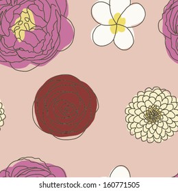 Seamless Pattern of Rose, Peony, Chrysanthemum and Frangipani