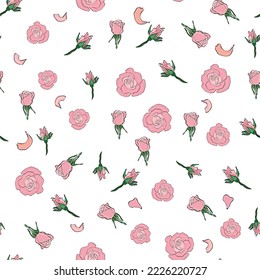 Seamless pattern rose petals, buds and flowers. Confetti, cosmetics, wedding, beautiful flower background.