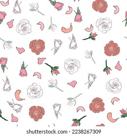 Seamless pattern rose petals, buds and flowers. Confetti, cosmetics, wedding, beautiful flower background.