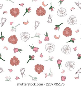 Seamless pattern rose petals, buds and flowers. Confetti, cosmetics, wedding, beautiful flower background.