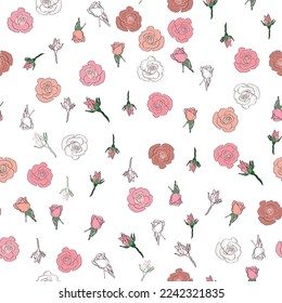 Seamless pattern rose petals, buds and flowers. Confetti, cosmetics, wedding, beautiful flower background.