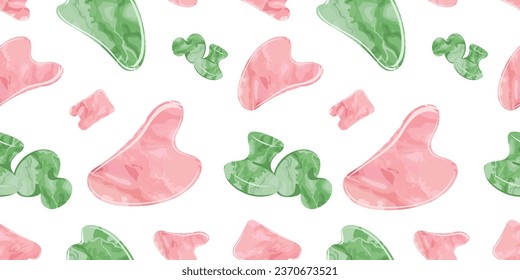 Seamless pattern with Rose Quartz Gua Sha and Jade Scraping Massage tool. Natural pink scraper and green stone roller in different shapes. Skin care presentation for beauty, web, blog, social media.