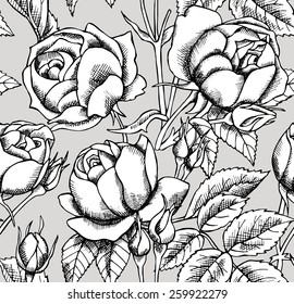 Seamless Pattern Rose Real Black & White & Gray