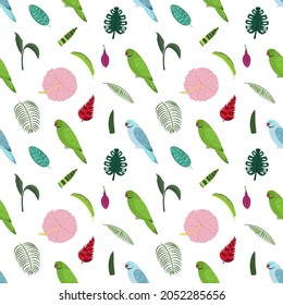 Seamless pattern with rose ringed parrots green and blue, tropical leaves and flowers. Cute baby print for fabric and textile.