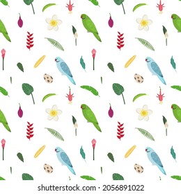 Seamless pattern with rose ringed parrots, tropical leaves, flowers and egg. Cute baby print for fabric and textile.