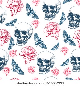 seamless pattern rose, skull and moth with a dead head on white background, hand drawing style, vector