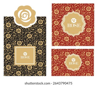 Design de modelo de rosa padrão sem costura para impressão, capa de livro e embalagem em ouro vintage e estilo vermelho