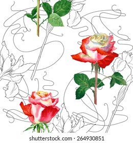 Seamless Pattern with Rose. Vector watercolor illustration