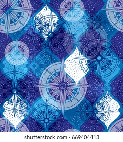 Seamless pattern with rose of the winds and the fishing net on the background . Vector