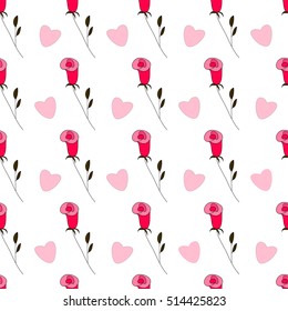Seamless pattern with rosebuds and hearts on the white background. Vector.