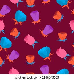 Seamless pattern with rosebuds on a crimson background. Seamless vector background with roses of different colors