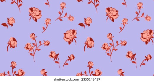 Seamless pattern with rosebuds, roses. Hand drawn abstract ditsy flowers. Colorful cute rose on the purple  background. Vector hand drawn sketch. Template for textile, fashion, print, surface design