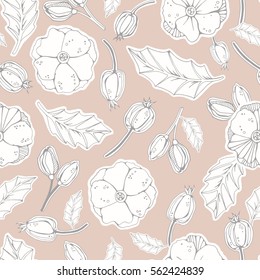 Seamless pattern with rosehip berries and flowers.