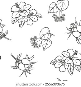 Seamless pattern with rosehip berries, hibiscus and linden flowers. Simple hand drawn black and white floral design