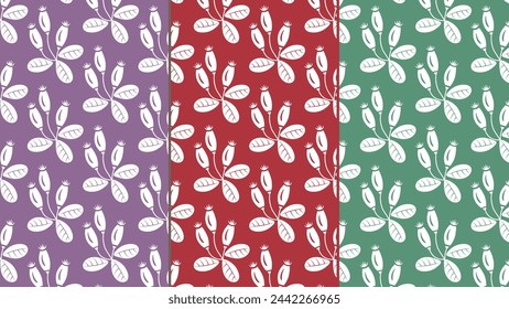 Seamless pattern with rosehip berries on three colored backgrounds. Hand drawn vector illustration