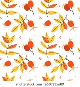 Seamless pattern with rosehip berries on a white background