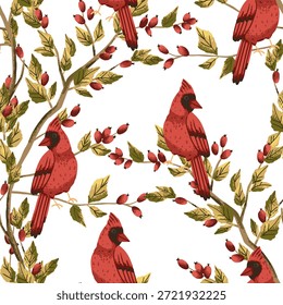 Patrón sin fisuras con rosa mosqueta y pájaro cardinal rojo. Antecedentes de la tela escocesa