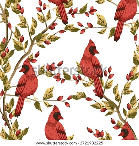Seamless pattern with rosehip berry and  red cardinal bird. Background for plaid