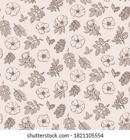 Patrón sin foco con flores de Rosehip, hojas. Estilo gráfico de grabado a mano. Ilustración botánica para embalaje, tarjetas de menú, carteles, impresiones.