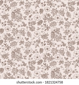 Nahtloses Muster mit Rosship-Blumen, Blättern und Beeren, Samen. Grafischer, handgezeichneter Gravierstil. Botanische Illustration für Verpackung, Menükarten, Poster, Drucke.