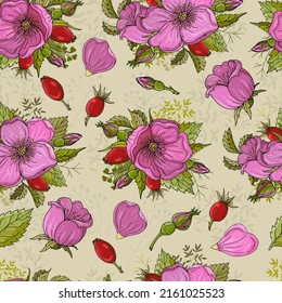 Seamless pattern with rosehip leaves, flowers and berries. EPS 10 vector illustration.
