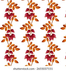 Seamless pattern rosehip. Wild rose berries with leaves.Can be used in herbal product packaging, tea labels, cosmetic branding, wellness blogs, folk medicine content, eco-friendly branding.