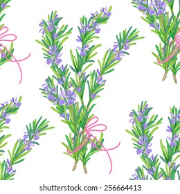 Seamless pattern with rosemary bundle. Green rosemary branches with delicate flowers. Can be used for cards, fabrics, wallpapers, scrap-booking, ornamental template for design and decoration.