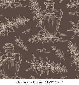 Seamless pattern with rosemary and rosemary oil . Vector hand drawn illustration.