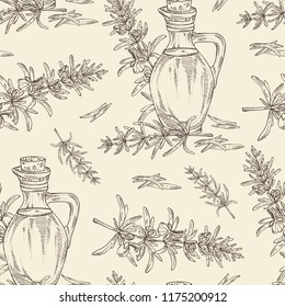 Seamless pattern with rosemary and rosemary oil . Vector hand drawn illustration.