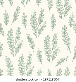 Seamless pattern with rosemary on beige background. Perfect for menu, fabric, wallpaper, culinary books. Contour vector illustration