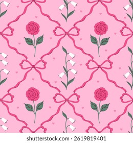 Seamless pattern of roses, bells and bows. Vector graphics.